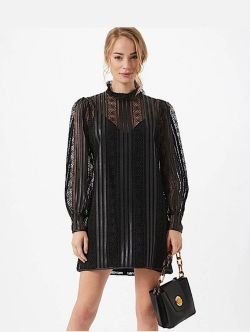 The Kooples Faux-Leather Trim Black Lace Mini Dress